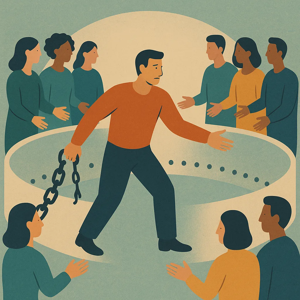 Mens bevrijdt zich van ketenen tussen twee verdeelde groepen, symbool voor vergeving en doorbreken van polarisatie.