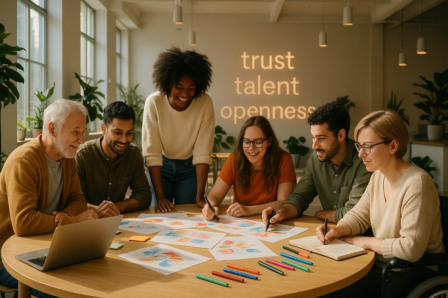 Een inspirerende, realistische weergave van een moderne co-working space waarin diversiteit, vertrouwen en talent centraal staan. Deze ruimte straalt openheid uit en nodigt uit tot gedeelde creativiteit.