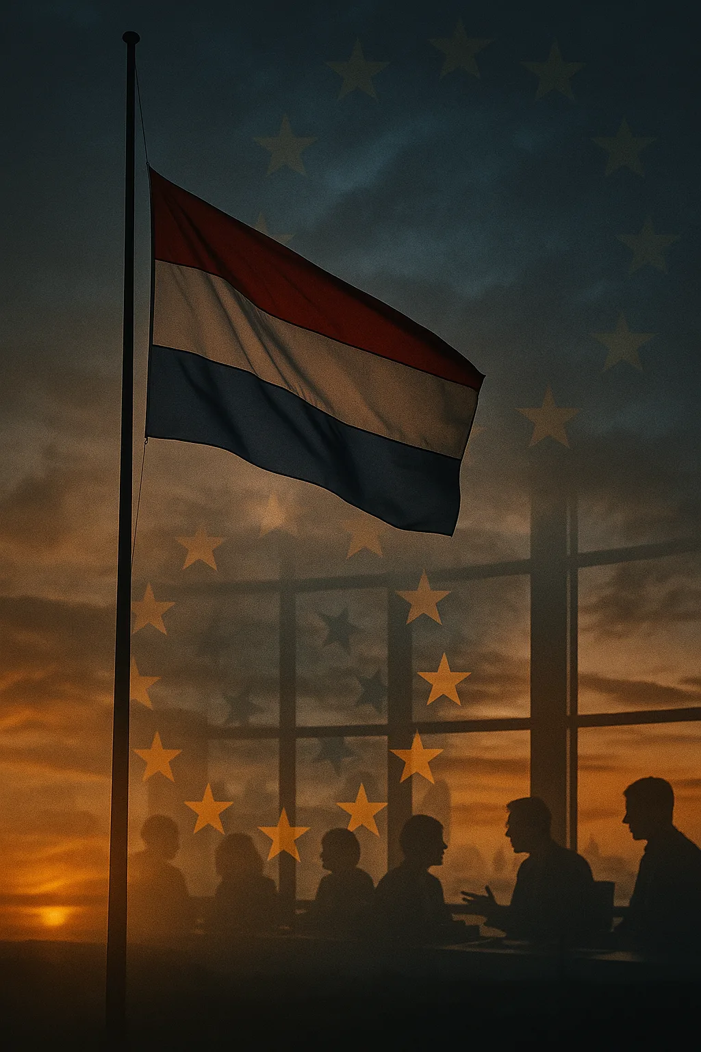 Nederlandse vlag wappert halfstok, met EU-vlag op de achtergrond en burgers in debat.