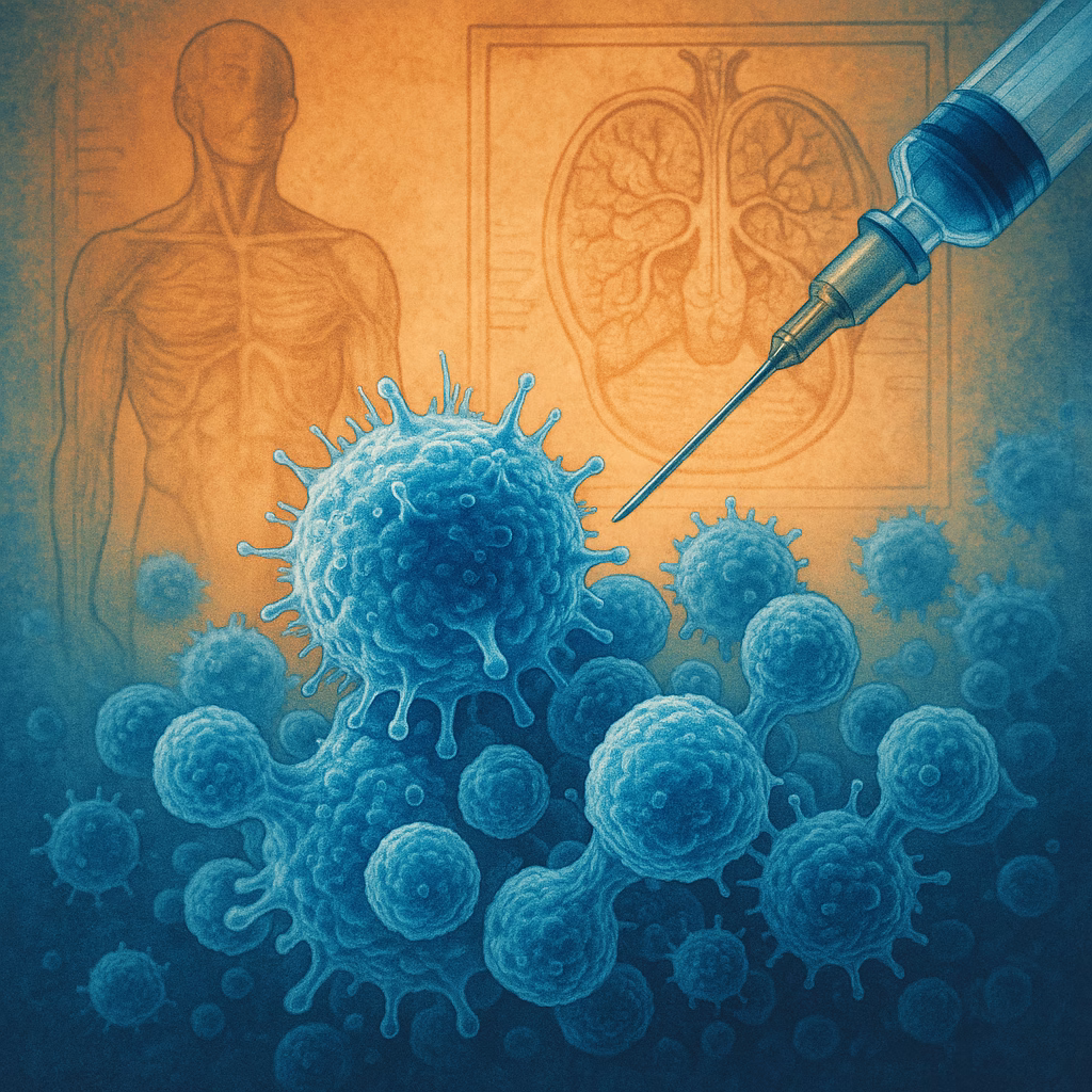 Microscopisch beeld van immuunreactie op vaccin, met klassieke medische illustratie op de achtergrond.