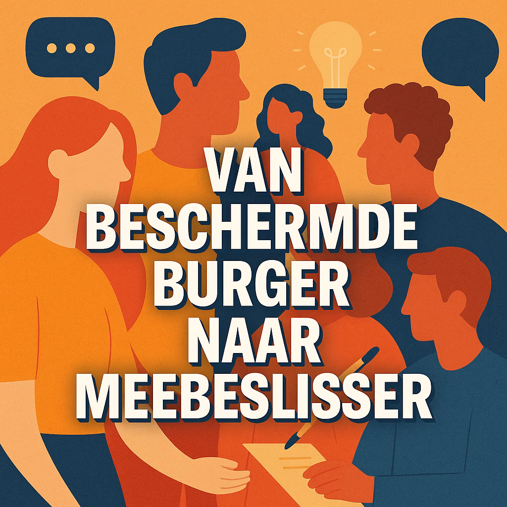 Illustratie van mensen in gesprek met tekst: Van Beschermde Burger naar Meebeslisser