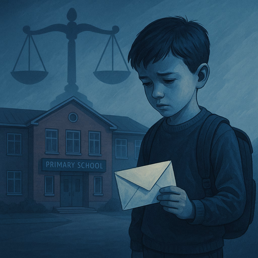 Kind voor basisschool met envelop, schaduw van weegschaal op achtergrond.