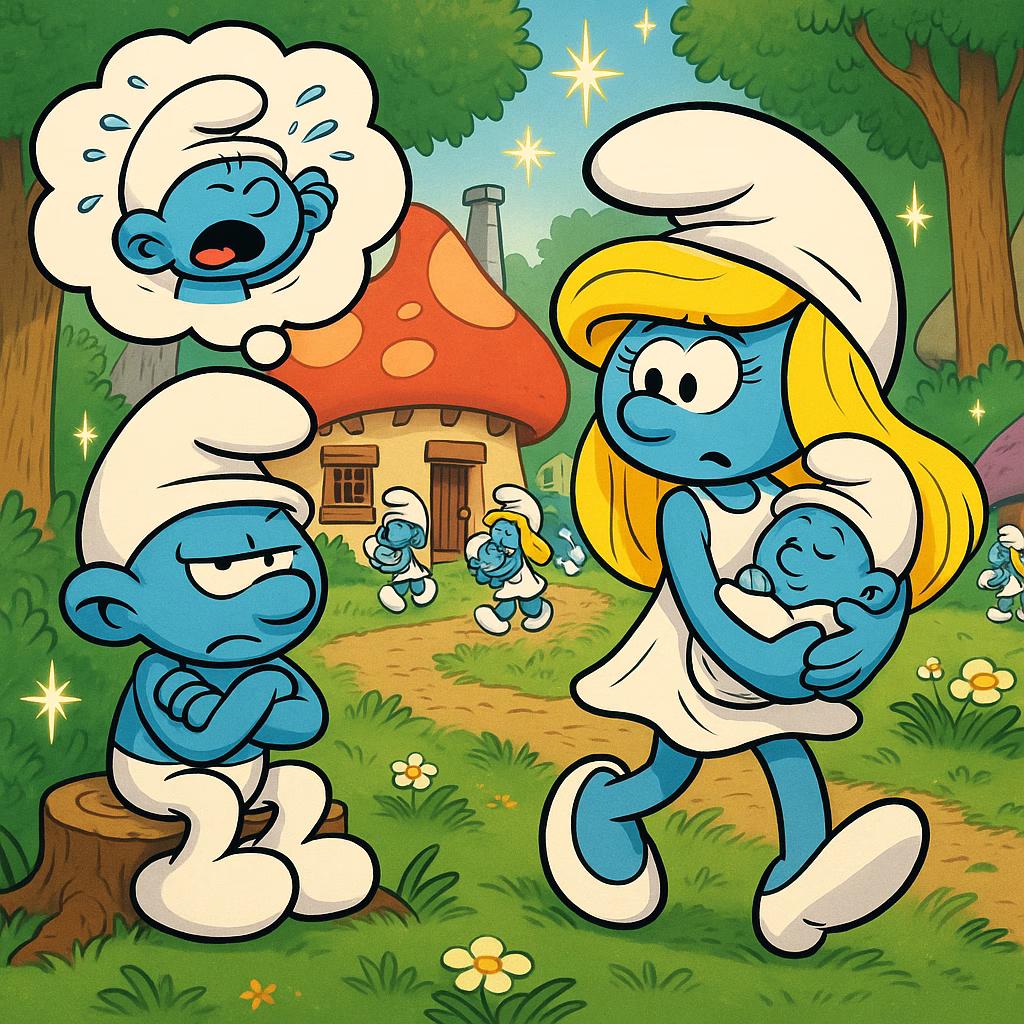 Moppersmurf zit met gekruiste armen op een boomstronk terwijl Smurfin met een slapende baby-smurf voorbijkomt; in zijn gedachtewolk verschijnt een huilende baby en op de achtergrond dragen andere Smurfins baby’s door het dorp.