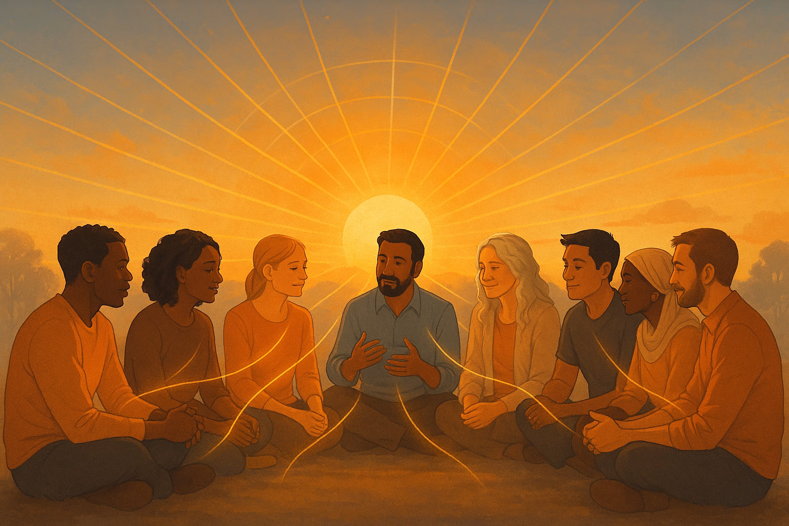 Diverse mensen delen verhalen in een cirkel, verbonden door lichtstralen bij zonsopgang.