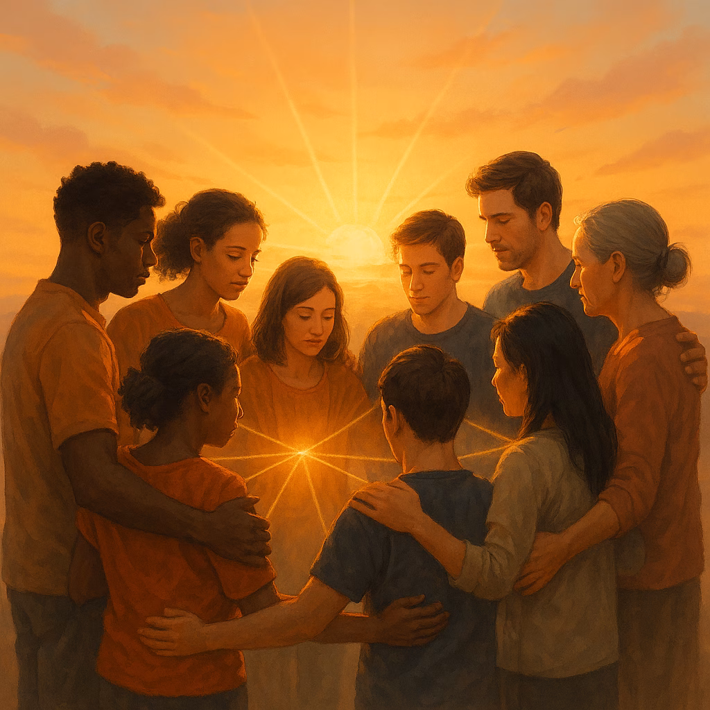 Diverse mensen in een ondersteunende cirkel, verbonden door lichtstralen bij zonsopgang.