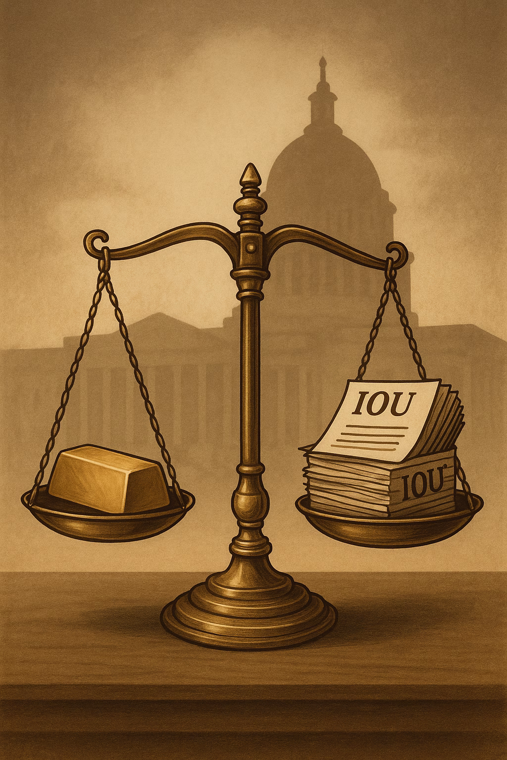 Weegschaal met goudstaaf en schuldbewijzen voor een regeringsgebouw.