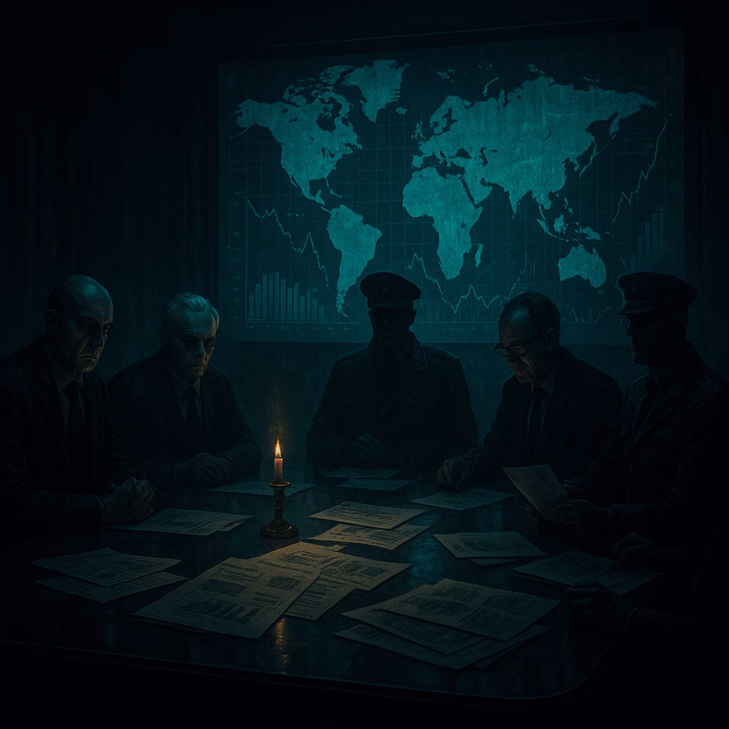 Schimmige elitefiguren vergaderen in een donkere, luxueuze zaal over geheime wereldplannen.