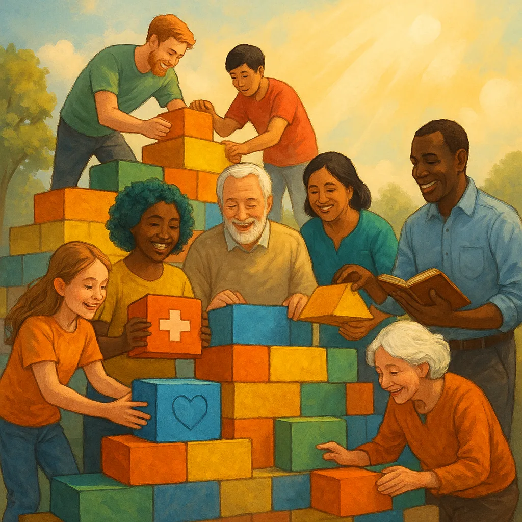 Burgers die samen bouwen aan een symbolisch bouwwerk, met blokken die zorg, leren en rampenparaatheid vertegenwoordigen.