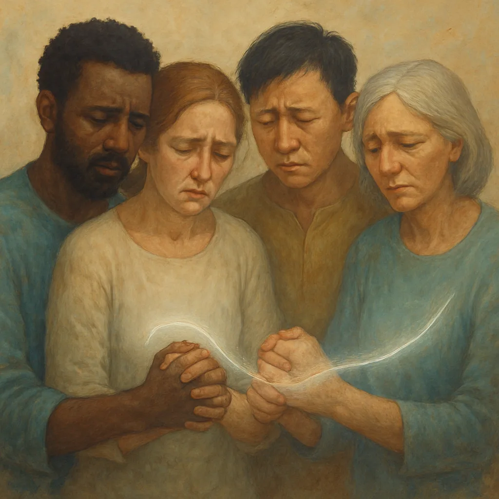 Divers gezelschap dat hand in hand lijdt maar verbonden blijft, symbolisch door lichtlijn.