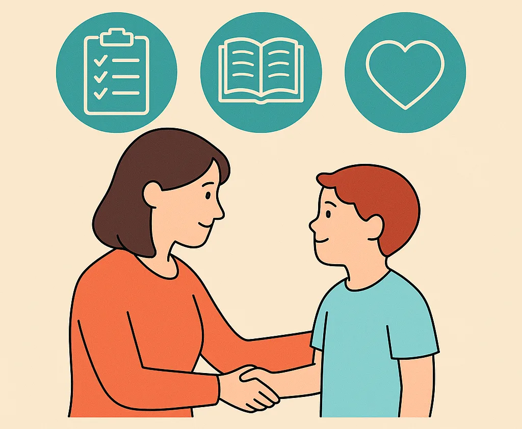 Moeder en kind geven elkaar de hand, met iconen van een checklist, boek en hart erboven, als symbool voor betrokkenheid bij onderwijsbeleid, lesinhoud en zorg.