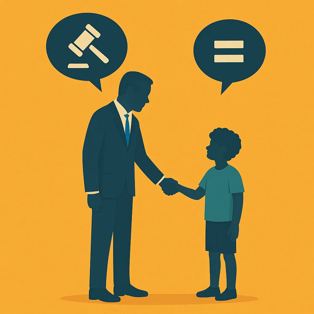 Volwassene en kind geven elkaar een hand, met een hamer en een gelijkheidsteken boven hun hoofden, als symbool voor wederzijds respect en gedeeld gezag in het onderwijs.