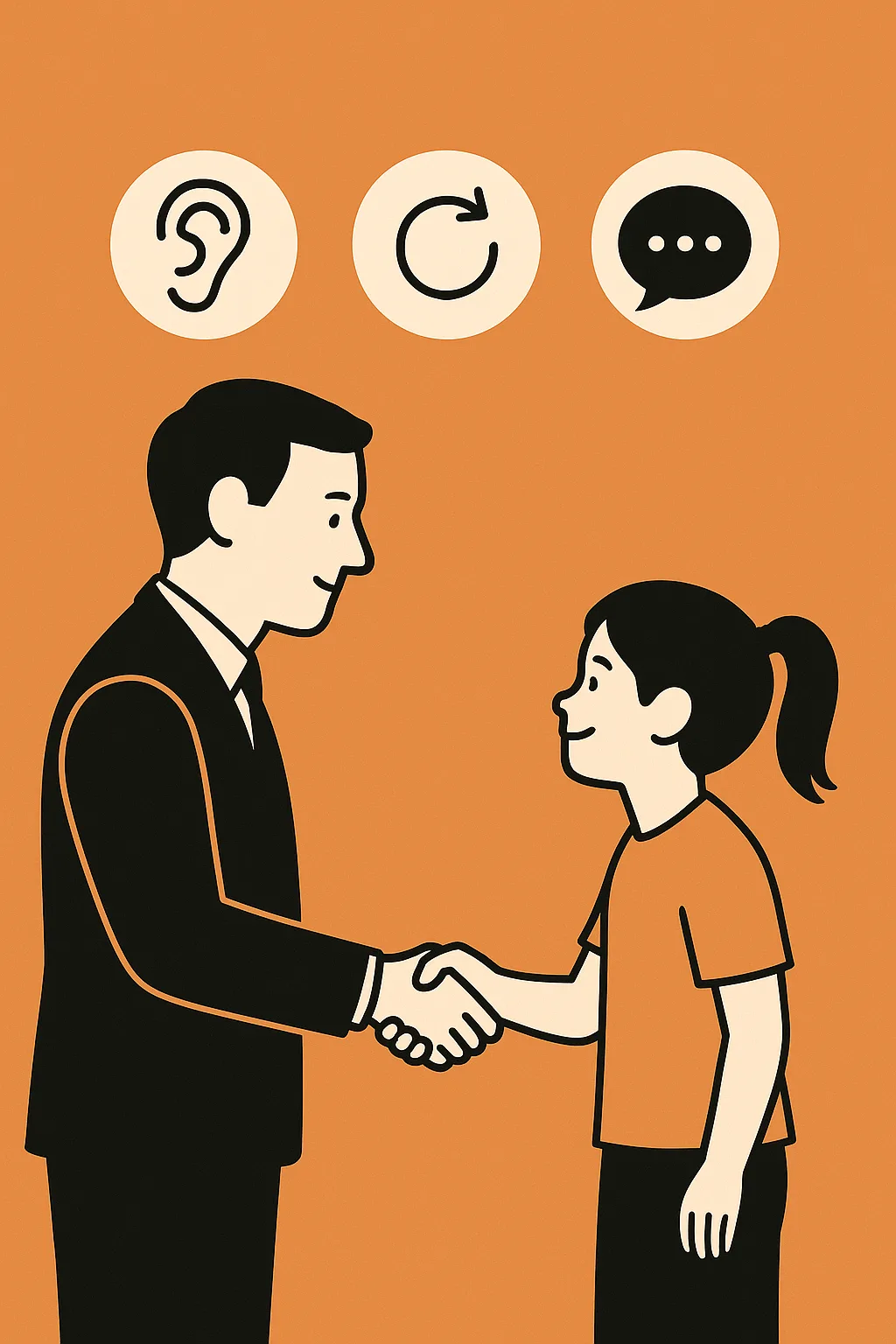 Volwassene en kind schudden elkaar de hand, met daarboven iconen van een oor, een draaipijl en een spreekwolk – symbolen voor luisteren, afstemmen en communicatie.