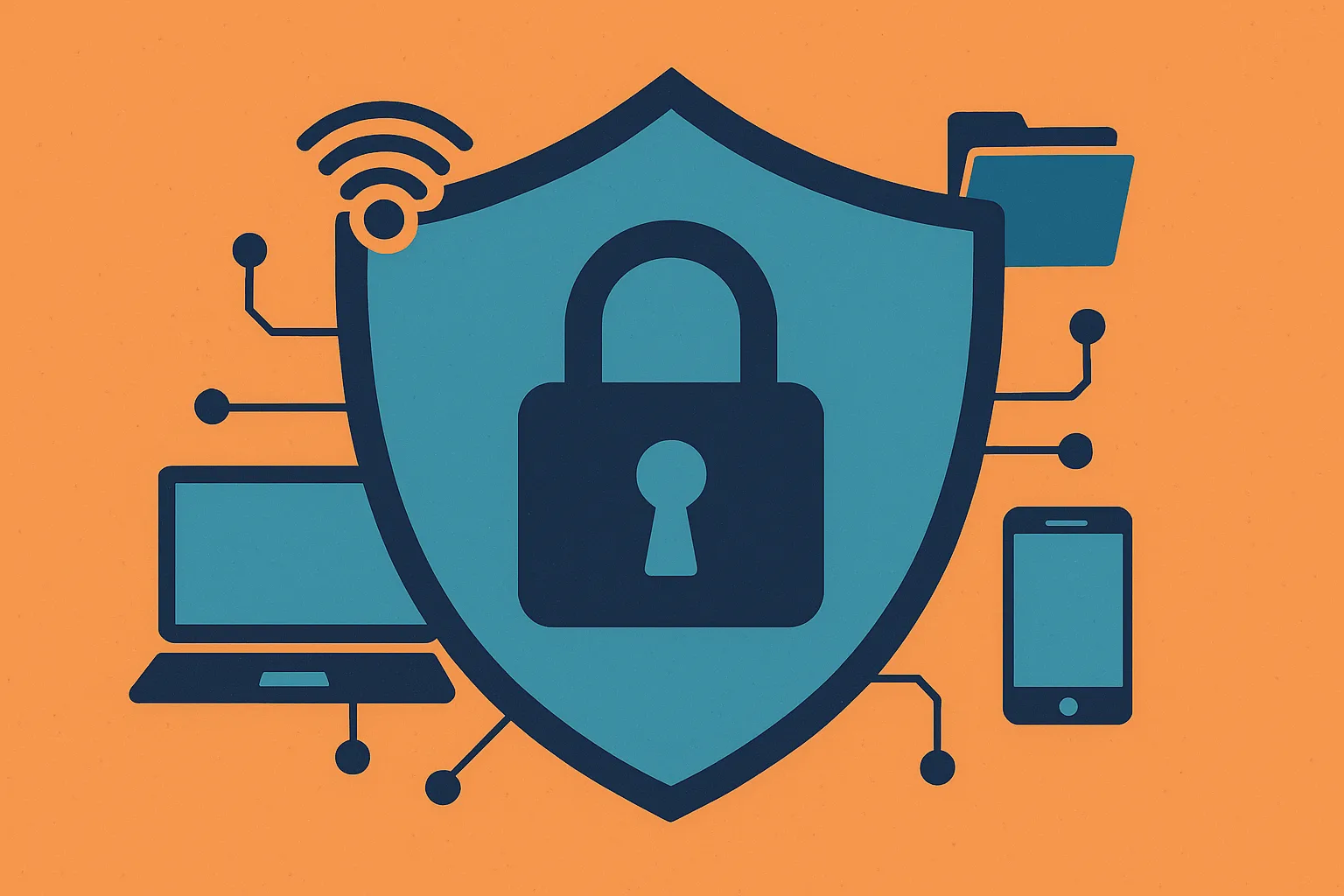 Een blauw slot in een schild, omringd door laptop, smartphone en Wi-Fi-iconen op een oranje achtergrond, als symbool voor digitale veiligheid in het onderwijs.