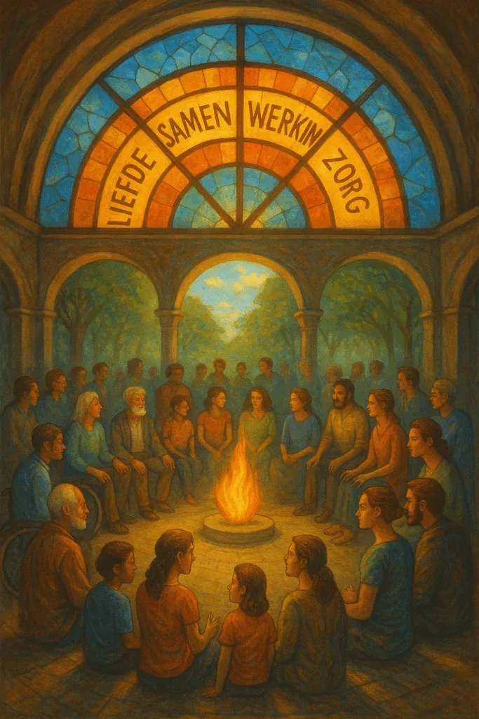 Mensen zitten in een cirkel rond een vredesvlam onder een glazen koepel met de woorden liefde, samenwerking, zorg en autonomie.