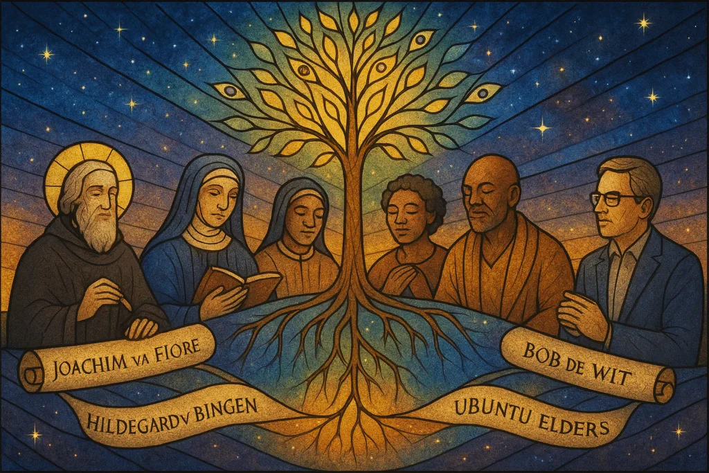 Illustratie in glas-in-loodstijl met spirituele denkers onder een Levensboom met sterren en ogen als bladeren.