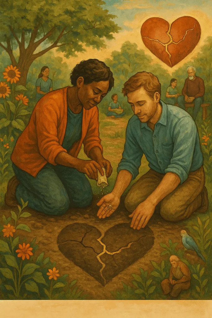 Een hulpverlener en cliënt planten samen zaadjes, hun schaduw vormt een hart met gouden littekens.