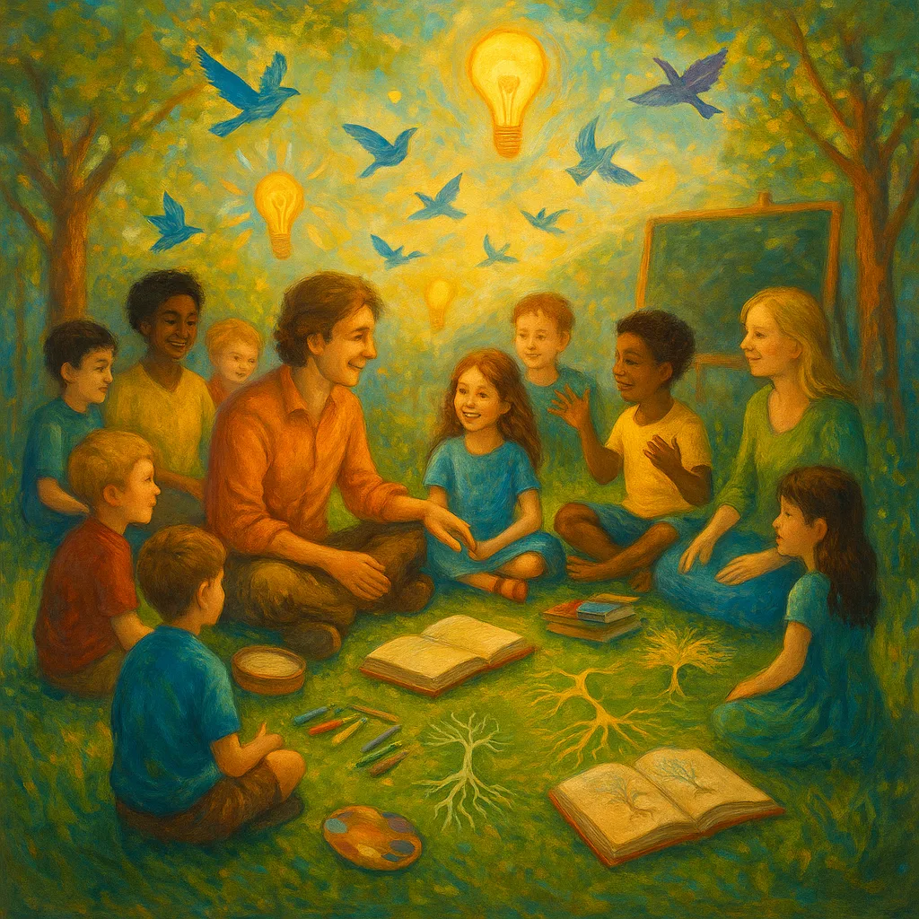 Kinderen en volwassenen zitten in een leerkring buiten, omgeven door boeken, muziek, lichtbollen en vogels die omhoog vliegen.