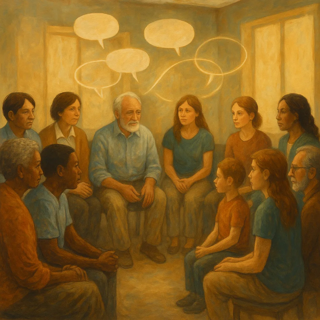 Mensen van verschillende leeftijden en achtergronden zitten in een cirkel in gesprek, met dialoogballonnen tussen hen in een warme ruimte.