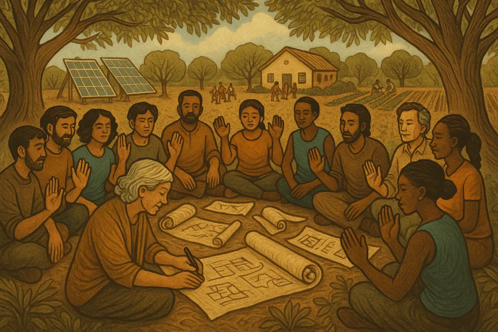 Mensen uit diverse achtergronden zitten in een kring onder bomen en werken samen aan plannen op grote papieren rollen.