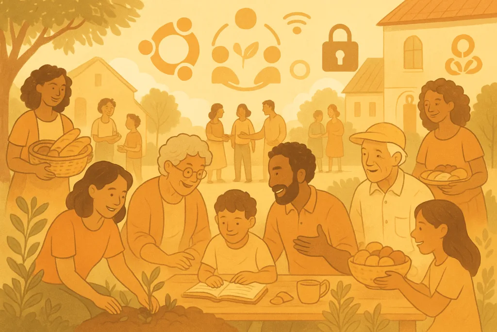 Mensen in een dorpsplein die samenwerken en leren in een open, zorgzame gemeenschap.