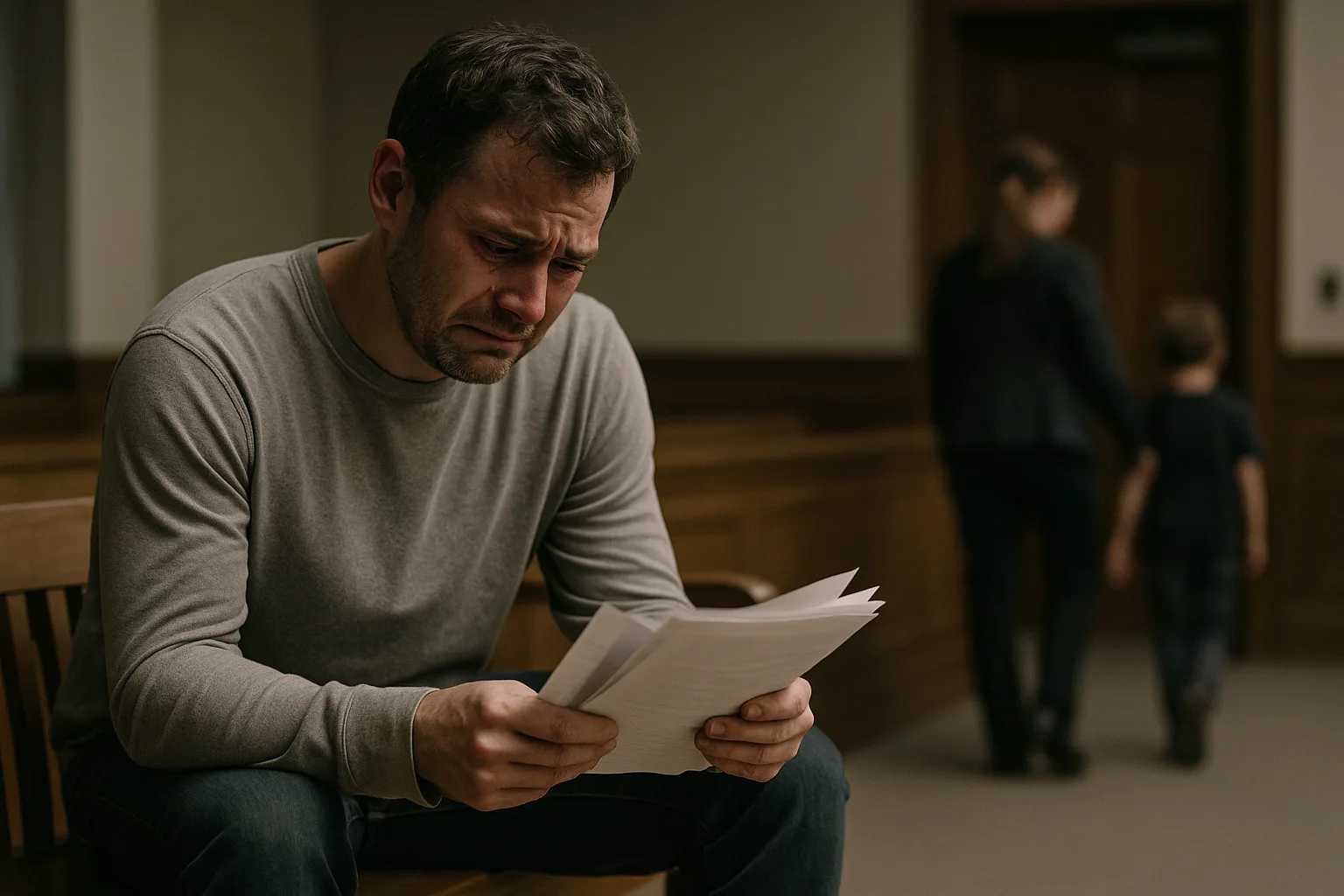 Vader kijkt verdrietig terwijl kind door jeugdzorg wordt weggeleid.