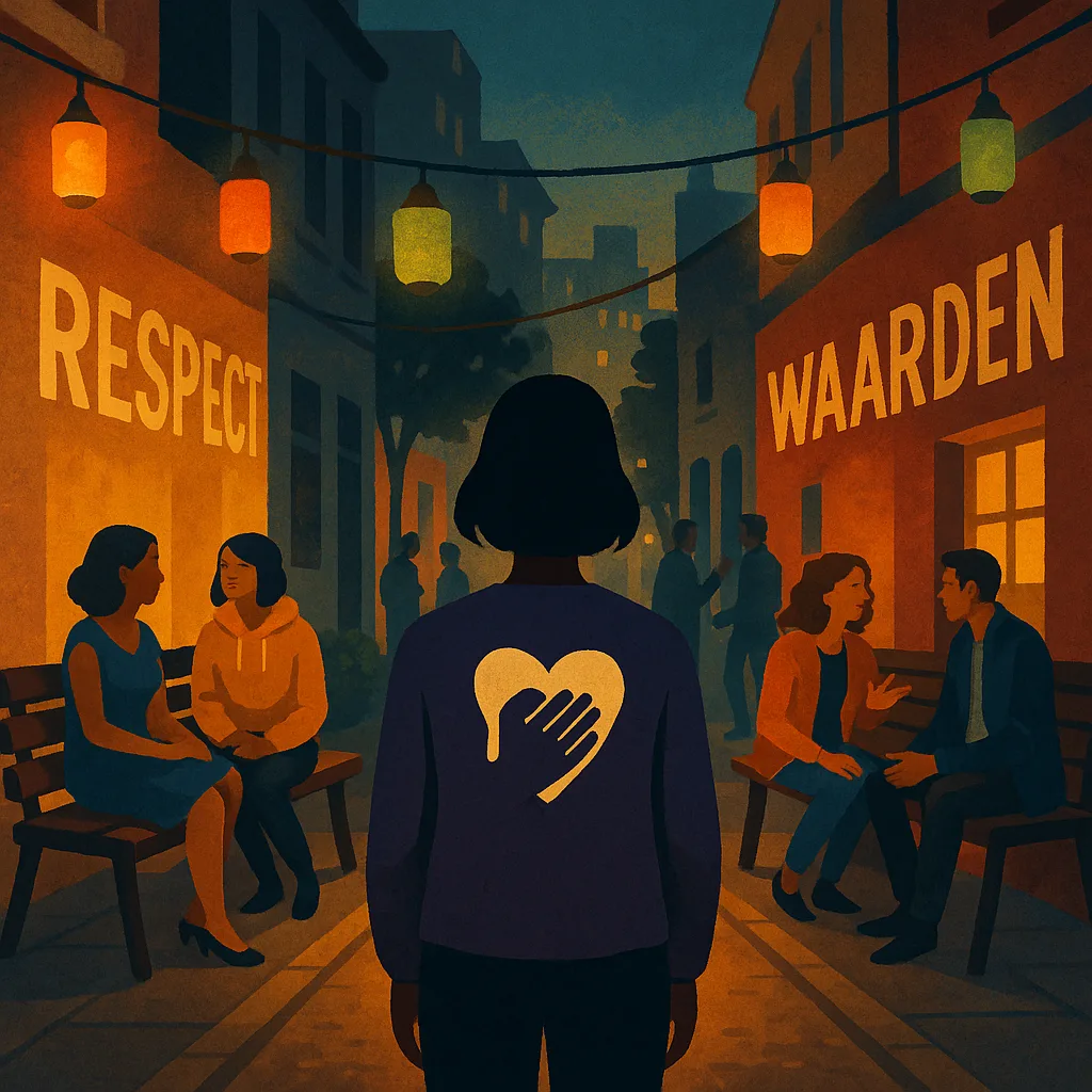 Een hoopvolle avondscène in een stadsstraat met kleurrijke lampionnen, waar mensen op bankjes praten en een figuur met een zorgsymbool centraal staat tussen muren met de woorden “Respect” en “Waarden”.