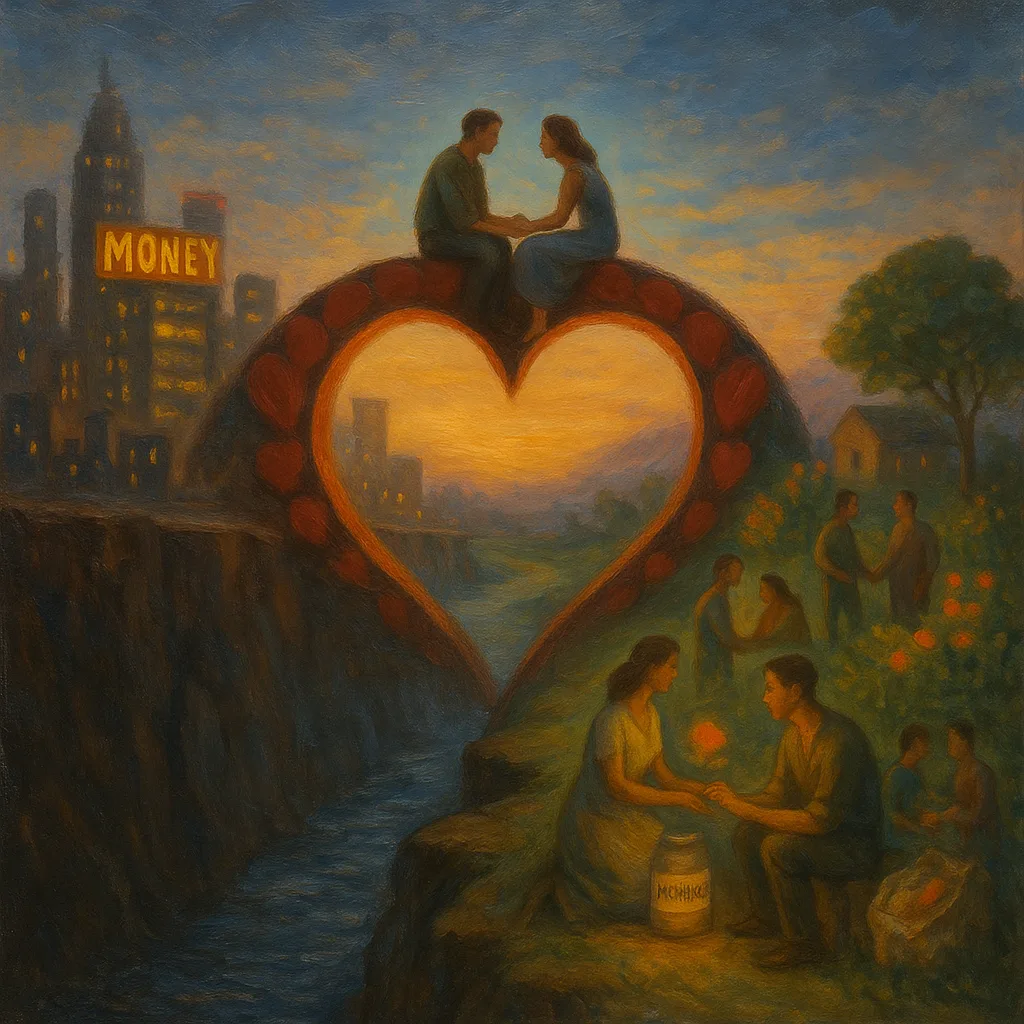 Een hartvormige brug verbindt een neonverlichte stad met een vredige plattelandsgemeenschap bij schemering; centraal zit een man en vrouw hand in hand op de brug, symbool voor liefdevolle overgang tussen werelden