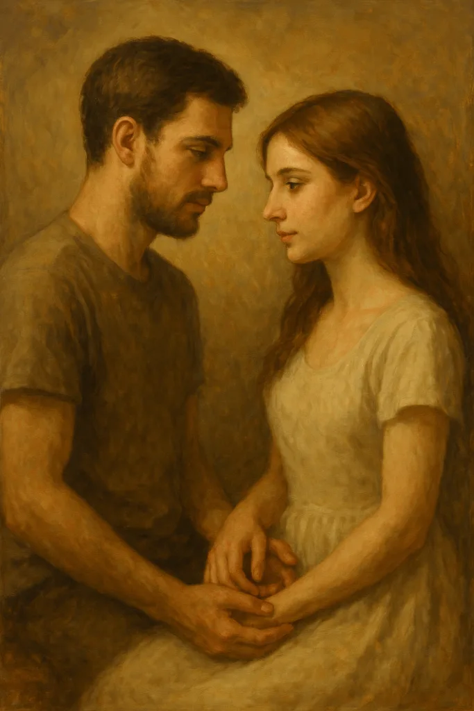 Een man en vrouw zitten vredig tegenover elkaar in een open veld, omringd door mensen die voedsel, bloemen en zorg met elkaar delen; op de achtergrond straalt zacht avondlicht over een gemeenschap in harmonie