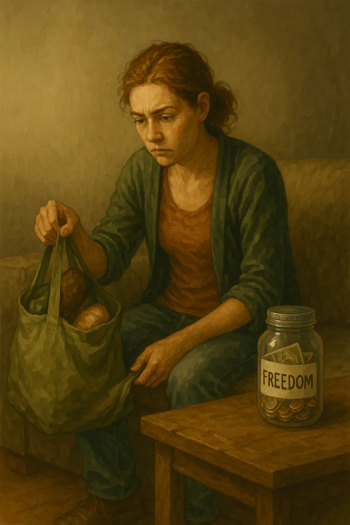 Een vrouw in sobere kleding staart naar een glazen pot met het label “FREEDOM”, naast haar ligt een boodschappentas met brood en groenten; het tafereel ademt hoop en twijfel tegelijk
