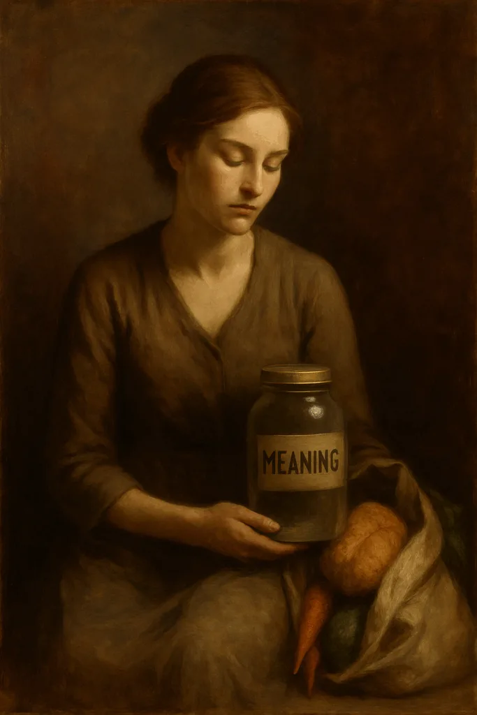 Een jonge vrouw in sobere kleding houdt een glazen pot vast met het label “MEANING”, haar ogen gesloten, terwijl naast haar een zak met wortels en brood ligt – een stille uitdrukking van innerlijke rijkdom