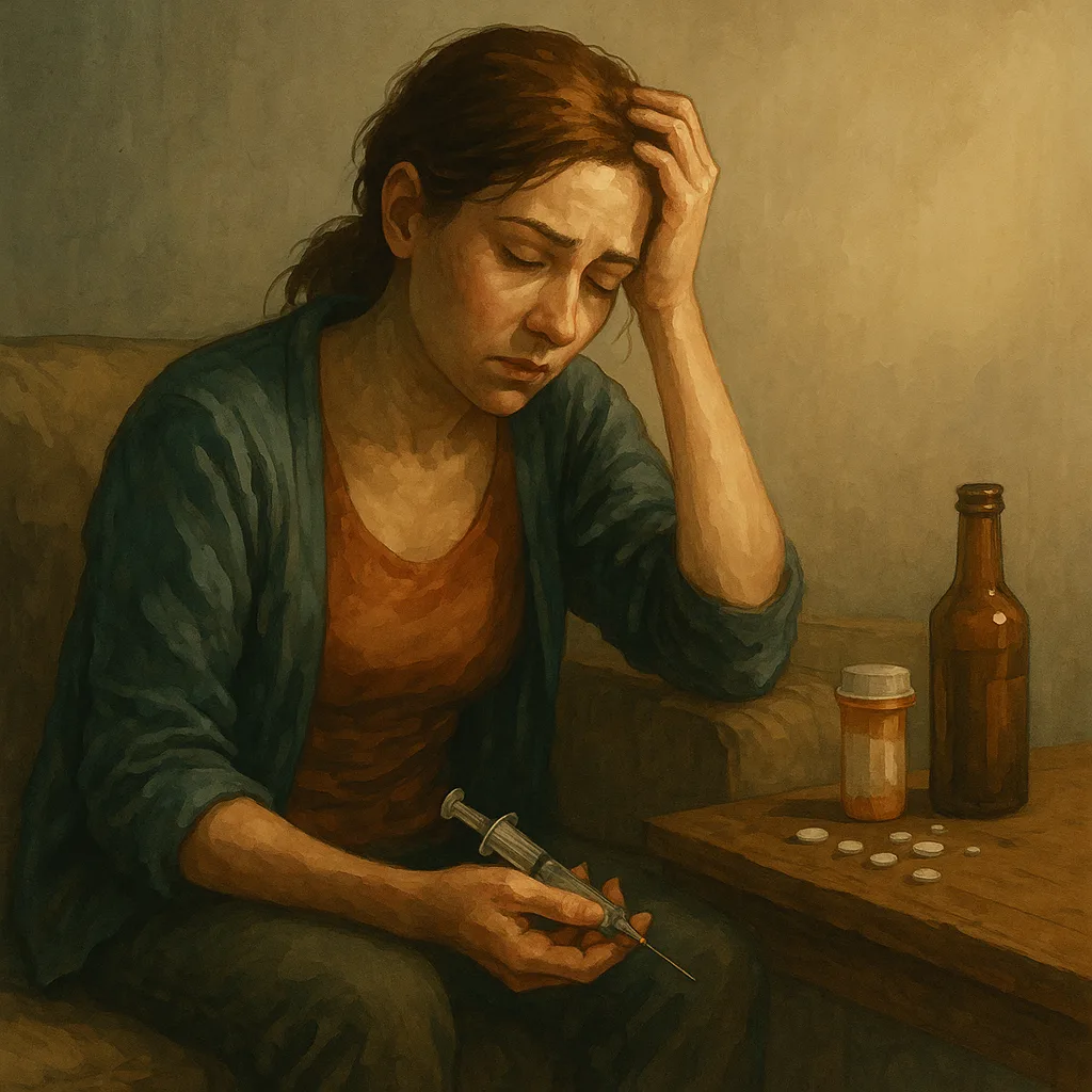 Een jonge vrouw met vermoeide blik zit op een bank met een injectiespuit in haar hand en een pillenfles op tafel; het zachte licht benadrukt haar innerlijke worsteling