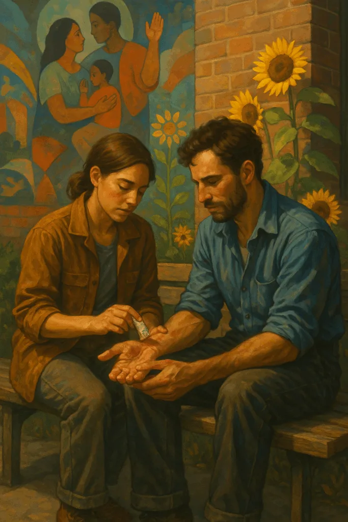 Een vrouw in werkkleding verzorgt de hand van een man op een houten bank, omgeven door zonnebloemen en een kleurrijk muurschildering, symbool voor wederzijdse zorg in een waardegemeenschap