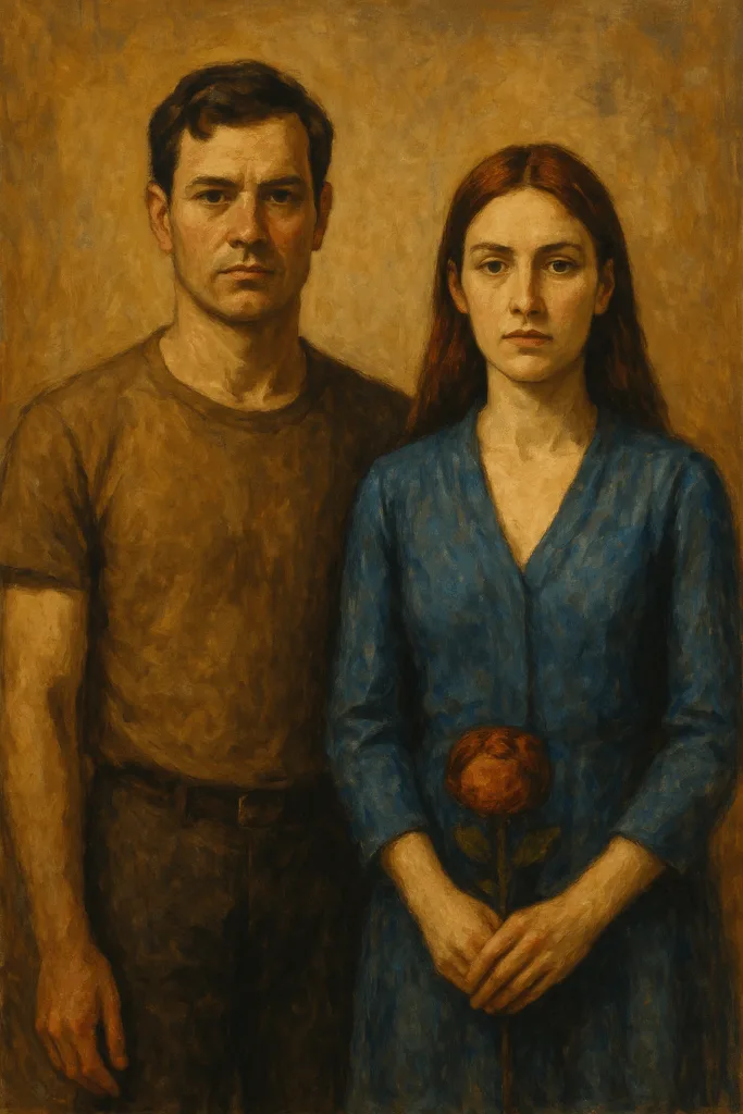 Man en vrouw staan zij aan zij voor een warme achtergrond, met een intense blik naar voren, zij houdt een roos vast, in klassieke olieverfstijl