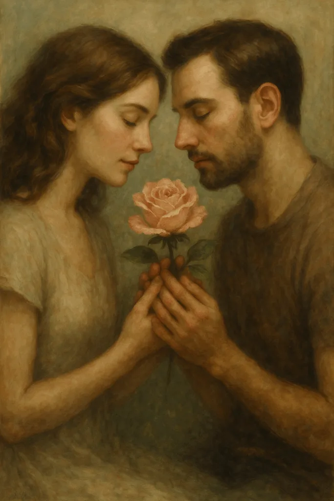 Een man en vrouw houden samen een roos vast met gesloten ogen in een intieme, serene sfeer, geschilderd in zachte aardetinten