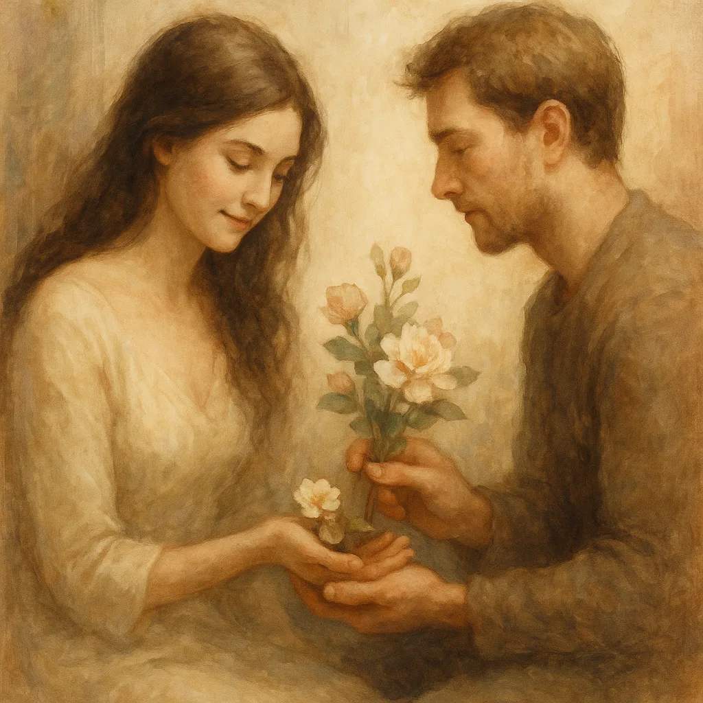 Een man en vrouw delen een moment van tedere overgave terwijl hij haar bloemen aanreikt, in een zacht verlichte, schilderachtige stijl