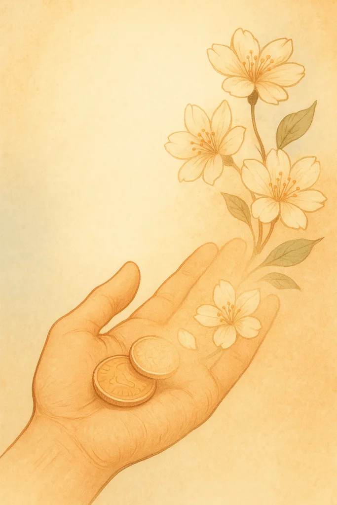 Een hand waarin munten vervagen tot bloeiende bloemen, symbool voor de overgang van geldtransactie naar een geschenk van waarde, in zachte pasteltonen