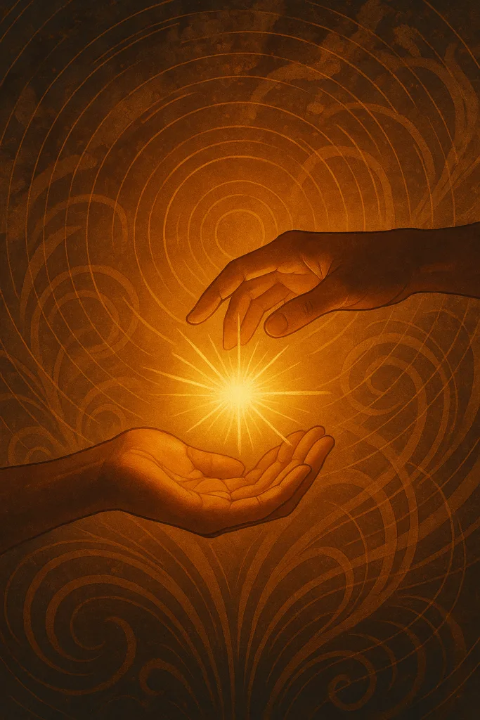 Twee handen wisselen stralend licht uit tegen een abstracte achtergrond met cirkelvormige patronen, symbool voor wederkerigheid en morele uitwisseling
