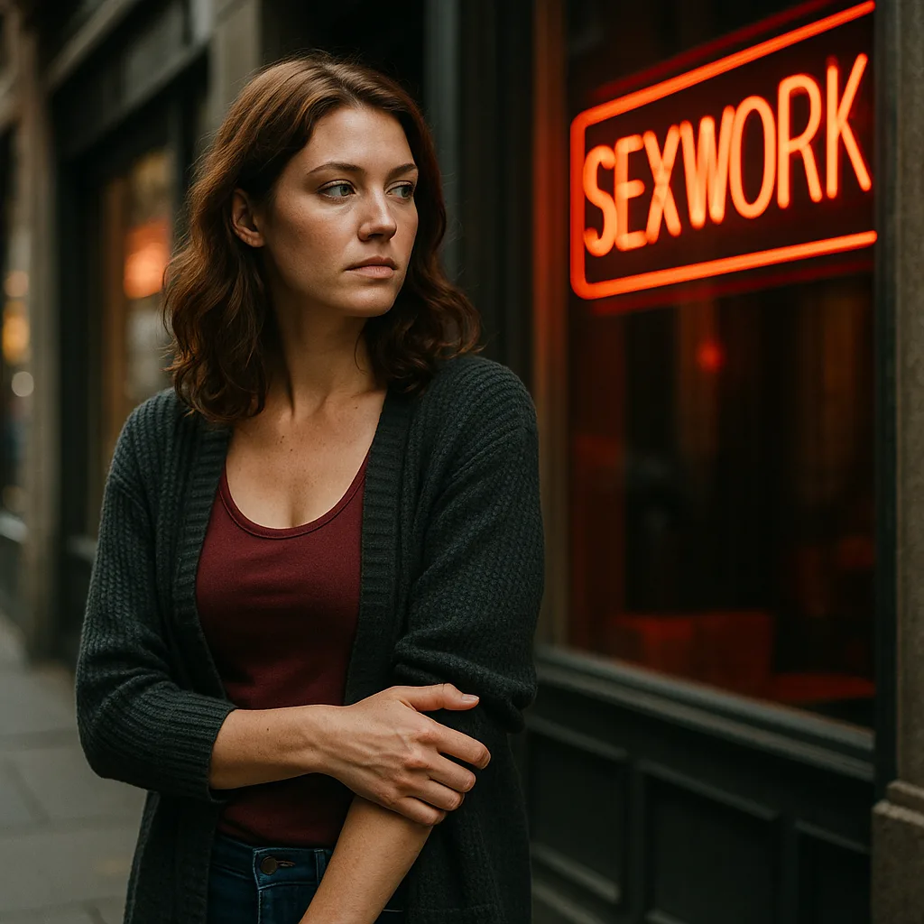 Een jonge vrouw met auburn haar en nadenkende blik staat in een stadsstraat, voor een rood neonbord met het woord SEXWORK, in een scène met stedelijke melancholie