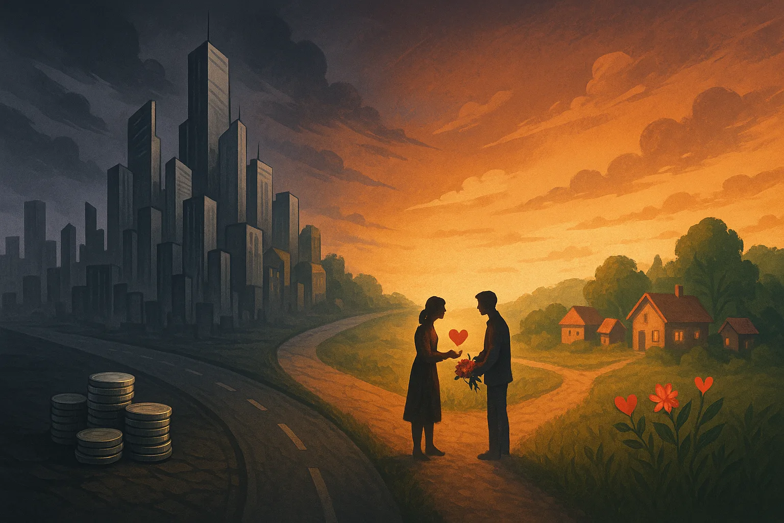 Twee werelden gescheiden door een pad: een kille stad vol geld aan de ene kant en een warme dorpsomgeving waar mensen liefde en bloemen uitwisselen aan de andere kant, bij zonsondergang
