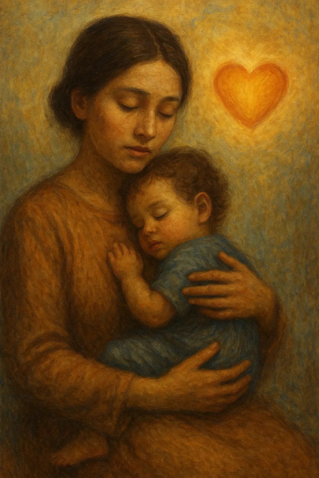 Een jonge vrouw in bescheiden kleding zit voorovergebogen op een houten stoel in een sobere kamer. In haar hand houdt ze een vergeelde foto van haar kind. Een zacht licht valt op haar gezicht, terwijl schaduwen van haar verleden vervagen in de achtergrond. Achter haar straalt een transparante cirkel waarin zorgende handen en kinderen zichtbaar zijn.