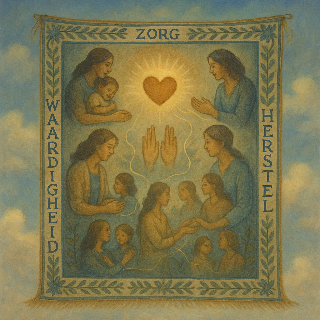 Een groot, geweven wandkleed zweeft in de lucht, geborduurd met scènes van vrouwen die kinderen vasthouden, zorg verlenen, luisteren en helen. Vanuit hun handen stromen draden naar anderen in de gemeenschap. In het midden straalt een hart omringd door zachte ogen en open handen. De rand is versierd met gestikte woorden als “waardigheid”, “zorg” en “herstel”.