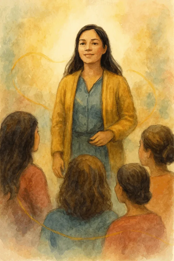 Een vrouw staat zelfverzekerd in het midden van een kring van vrouwen. Ze wijst naar een bord en spreekt met rustige kracht. Gouden lijnen lopen subtiel door het beeld, als verbindende draden tussen haar, de vrouwen en eerdere momenten in haar leven.