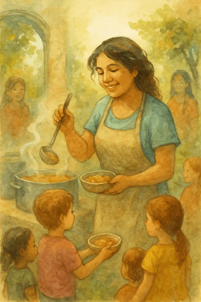 Een jonge vrouw in een lichte blouse serveert met een warme glimlach eten in een open gemeenschapskeuken, omringd door kinderen en buurtgenoten; zonlicht valt door open ramen en straalt op haar gezicht.