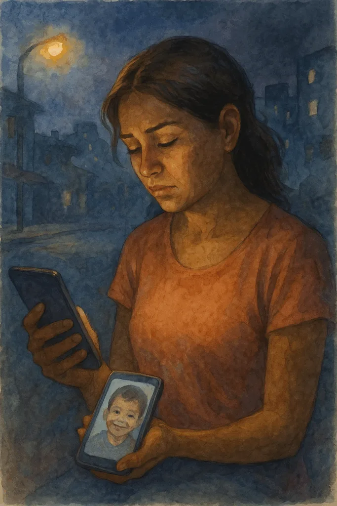 Een jonge Latijns-Amerikaanse vrouw in een donkere stad kijkt naar een foto van haar kind op haar telefoon, terwijl ze vermoeid leunt tegen een muur; het licht van het scherm werpt een zachte gloed op haar gezicht.