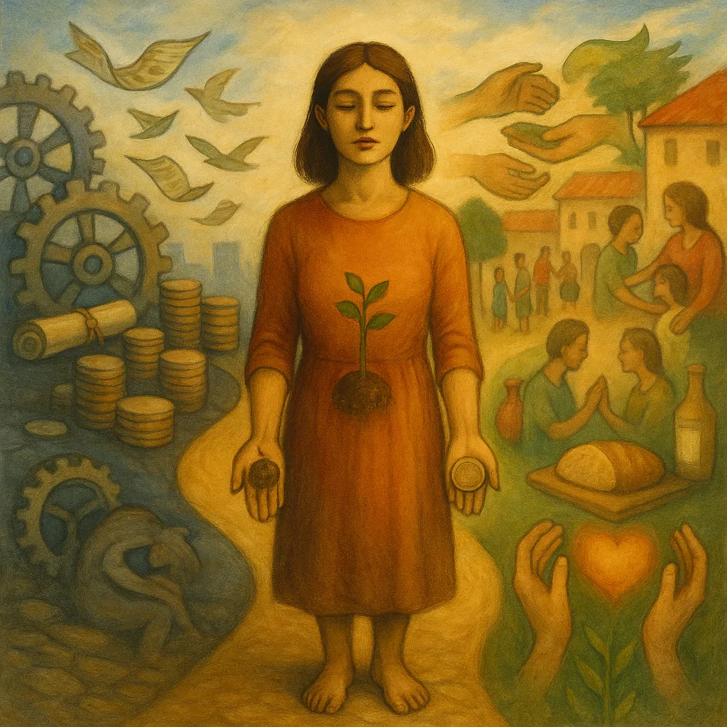 Een vrouw staat op een symbolisch kruispunt tussen twee werelden: aan de ene kant een grijze stad vol geld, contracten en tandwielen; aan de andere kant een dorpsplein waar mensen handen, zorg en voedsel delen. In haar hand houdt ze een zaailing en een versleten muntstuk.