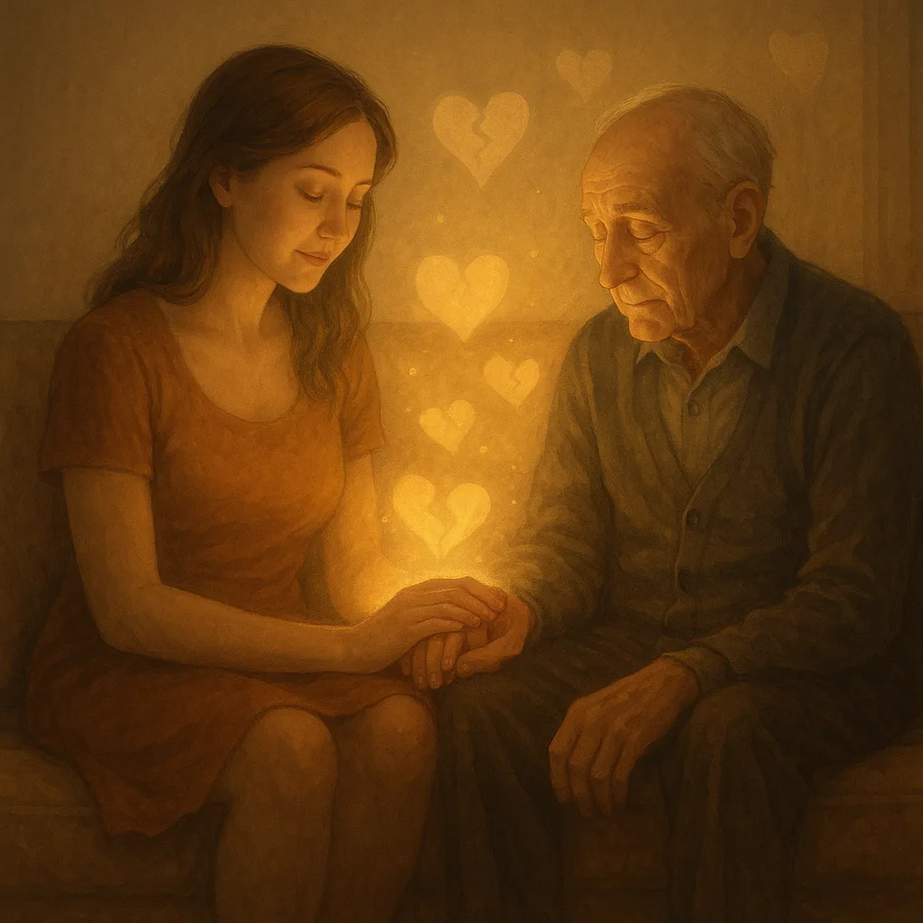 Een sekswerker zit naast een eenzame oudere cliënt op een bank, houdt hun hand met mededogen vast; warm licht straalt van hun handen af, waarin abstracte gebroken harten zichtbaar helen – een sfeer van veiligheid en begrip omringt hen.