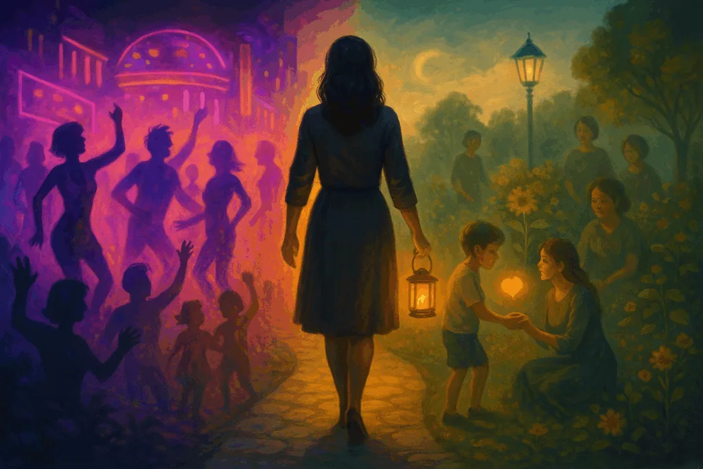 Een vrouw staat met één voet in een wereld van neonlicht en nachtelijk vermaak, en met de andere in een vredige tuin vol kinderen en mensen uit de gemeenschap. In haar hand houdt ze een lantaarn die beide werelden verlicht – symbool voor de overgang van recreatie naar zorg en verantwoordelijkheid.