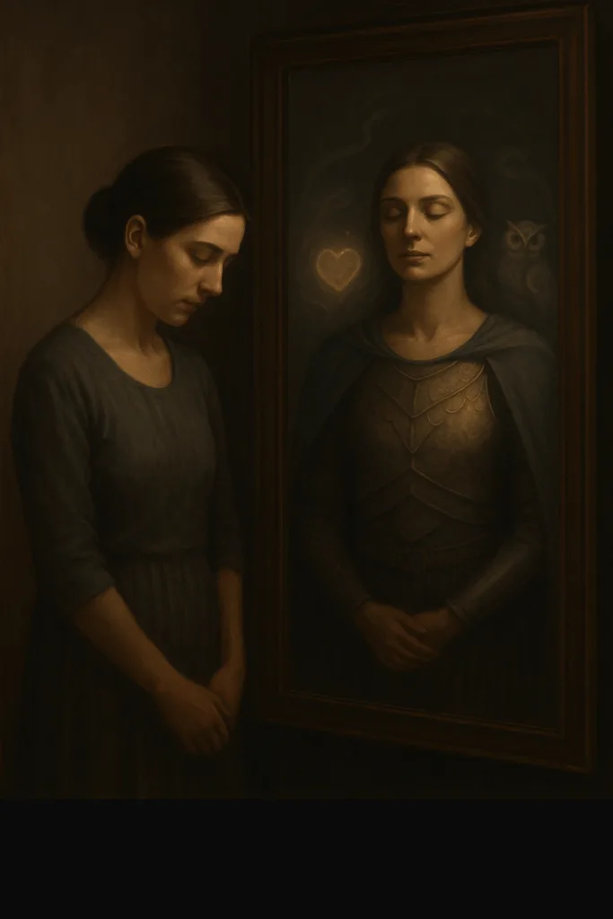 Een vrouw in eenvoudige kleding staat voor een spiegel; in haar reflectie verschijnt ze als een serene krijgerkoningin met subtiele pantsering, gesloten ogen en een gloed van kalme kracht, omgeven door een hart en een uil als symbolen van empathie en wijsheid.