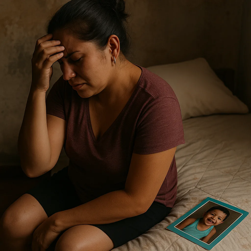 Latijns-Amerikaanse vrouw zit op een bed in een sobere kamer met haar hand tegen haar voorhoofd; naast haar ligt een ingelijste foto van een lachend kind