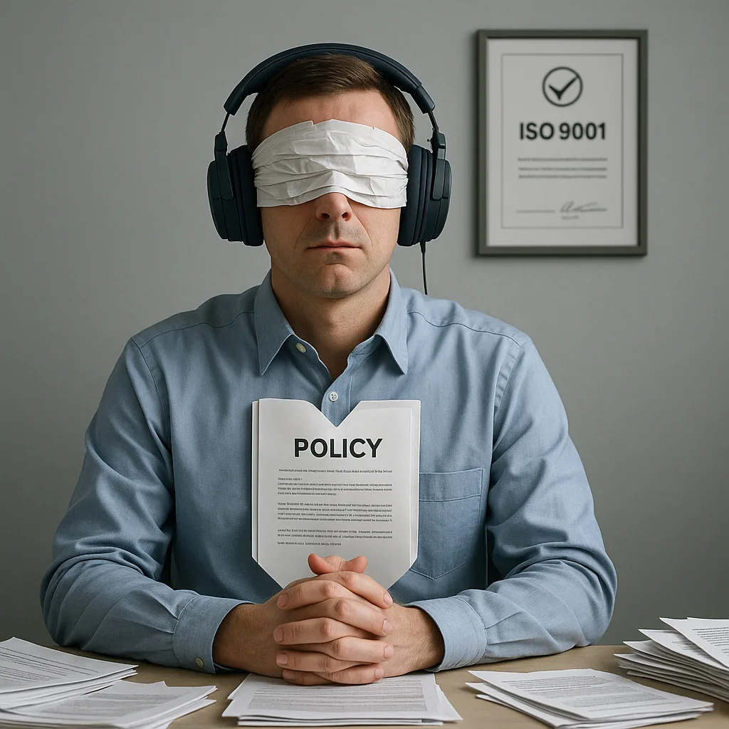 Een blinde gedragswetenschapper in een kantoorkamer vol bureaucratische papieren.